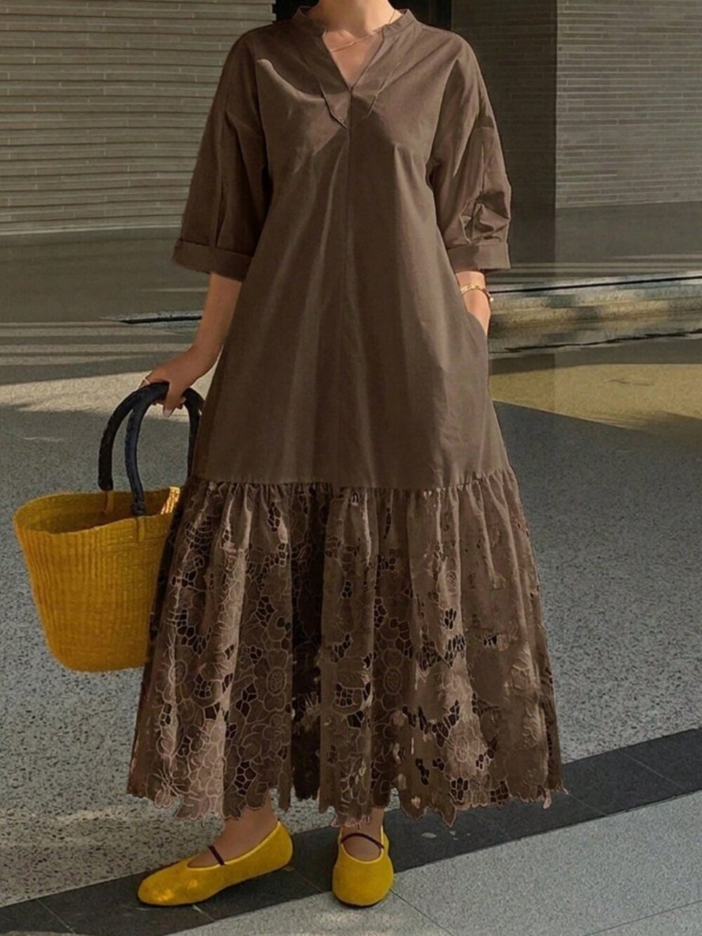 Coffee Brown Casual Women's Lace Patchwork Stand Collar Long Dress